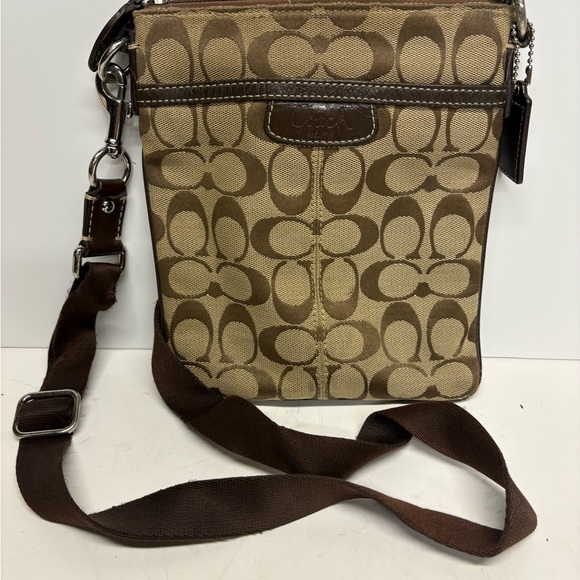 Coach Other - Coach Womens Signature Canvas Crossbody Bag in Khaki Brown Leather Trim